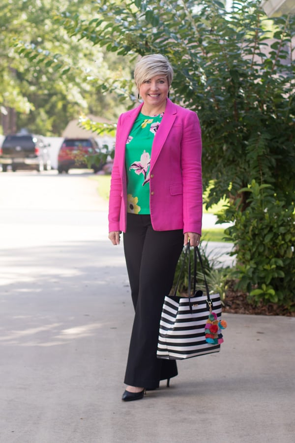 9 to 5 style, summer brights, summer office outfit, striped tote, pink blazer outfit