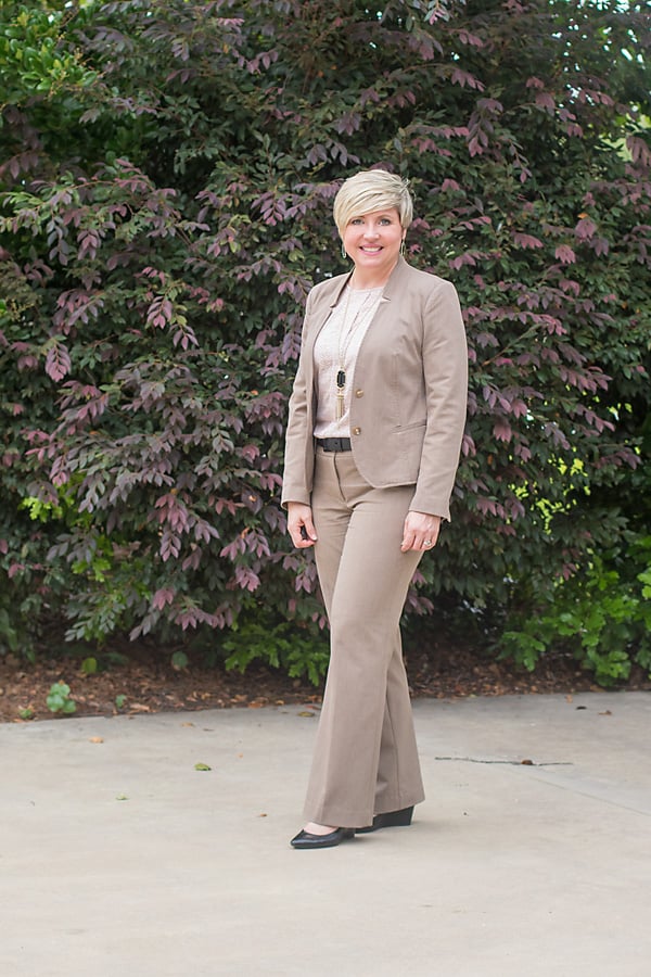 classic tan suit women's office outfit