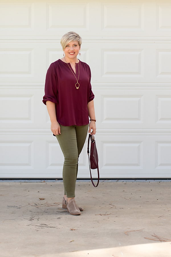 olive jeans, taupe ankle booties