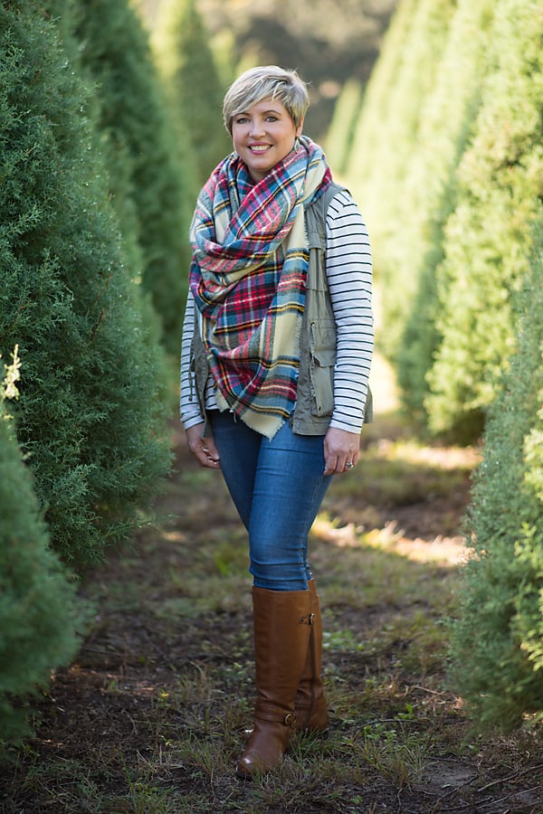 what to wear to the Christmas tree farm, plaid blanket scarf, riding boots