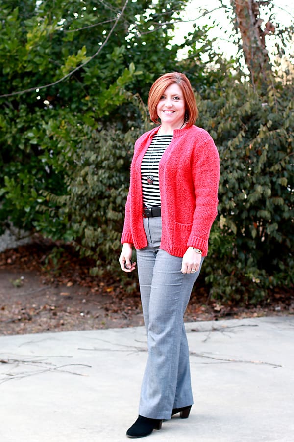 Striped top with red cardigan