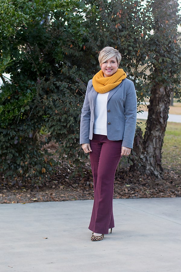 winter office outfit with blazer and infinity scarf