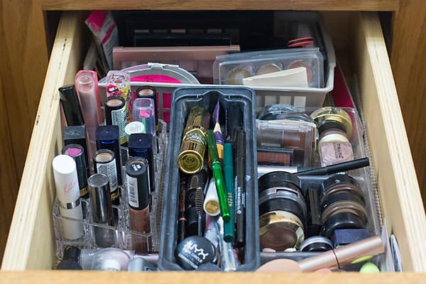 make up drawer and organized beauty products
