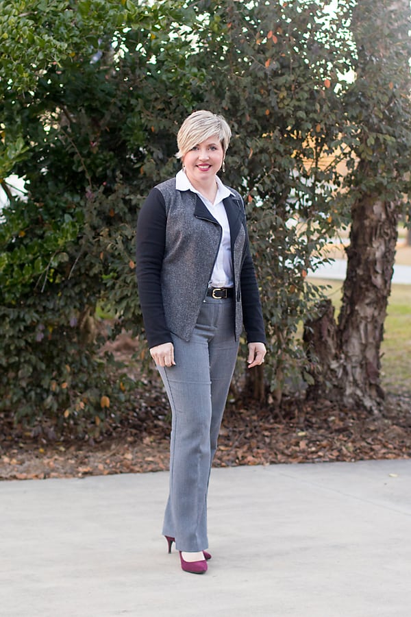 womens office outfit featuring moto style jacket