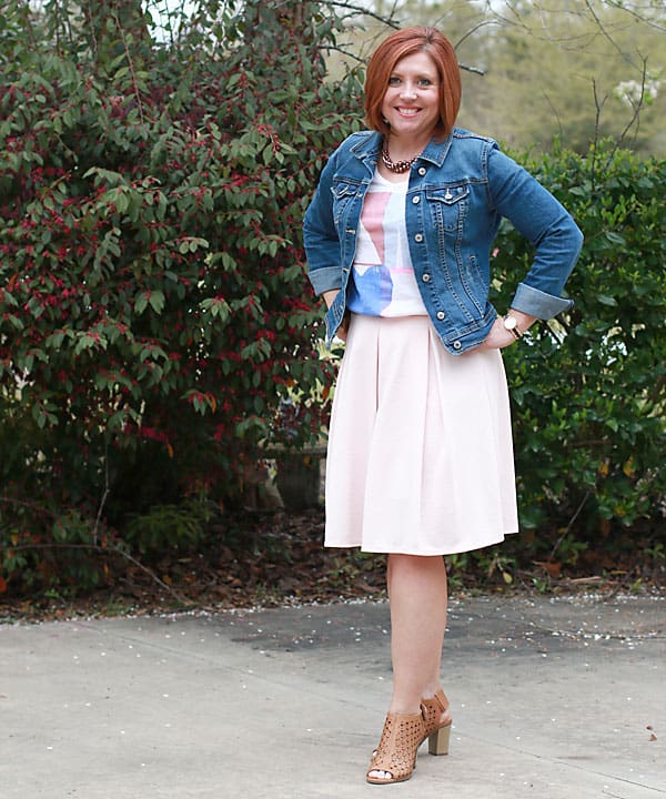 denim jacket and midi skirt outfit