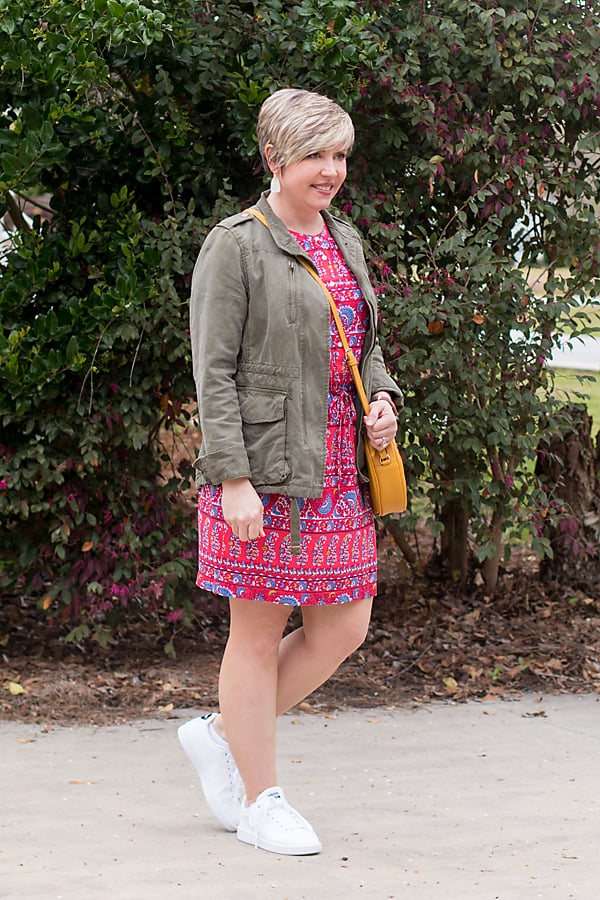red dress with utility jacket weekend outfit