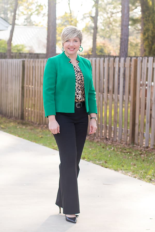 office outfit with green jacket