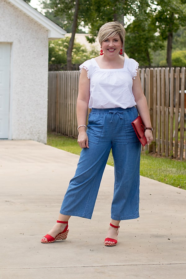 red white and blue outfit with wide leg chambray pants