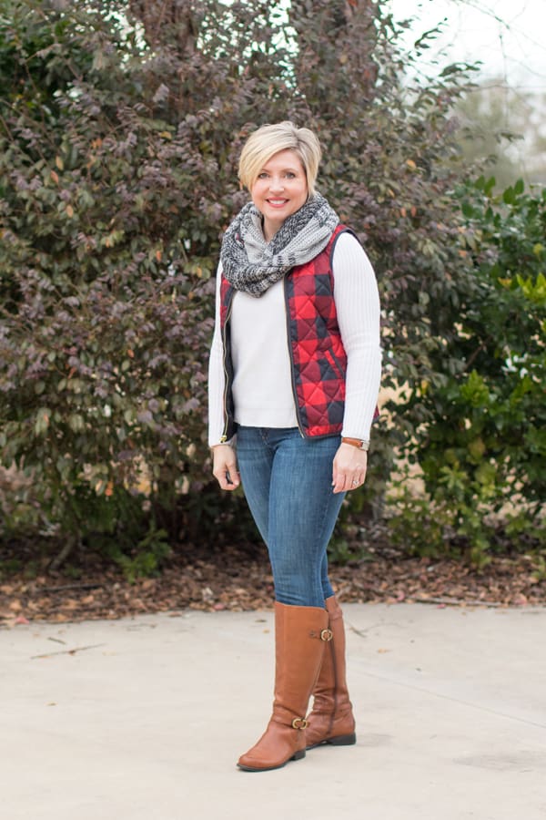 buffalo plaid vest with riding boots and scarf/ Christmas outfits for women over 40