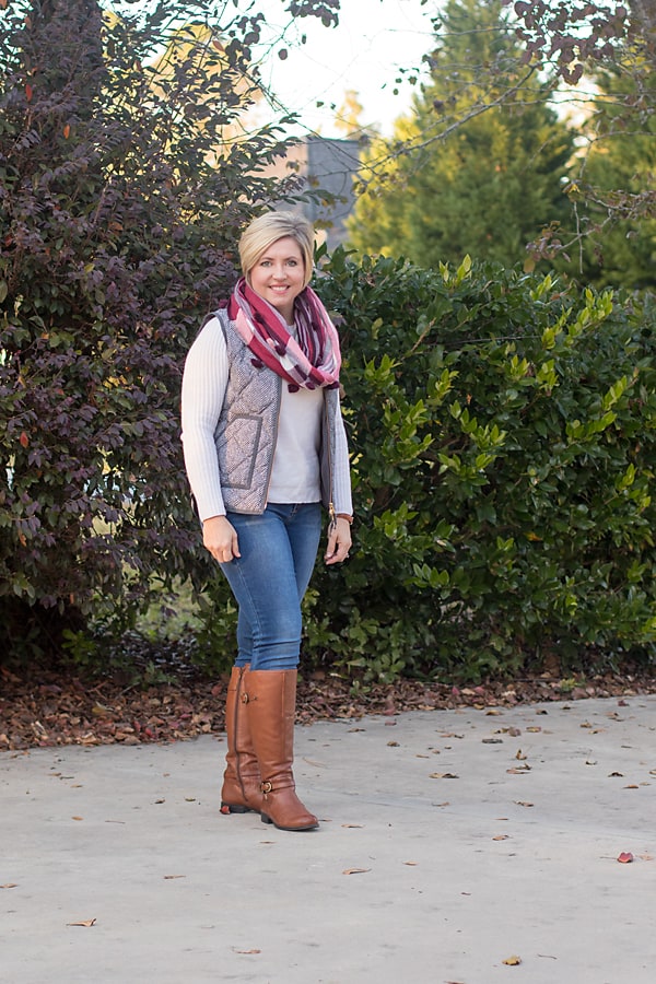 herringbone vest and plaid scarf winter outfit