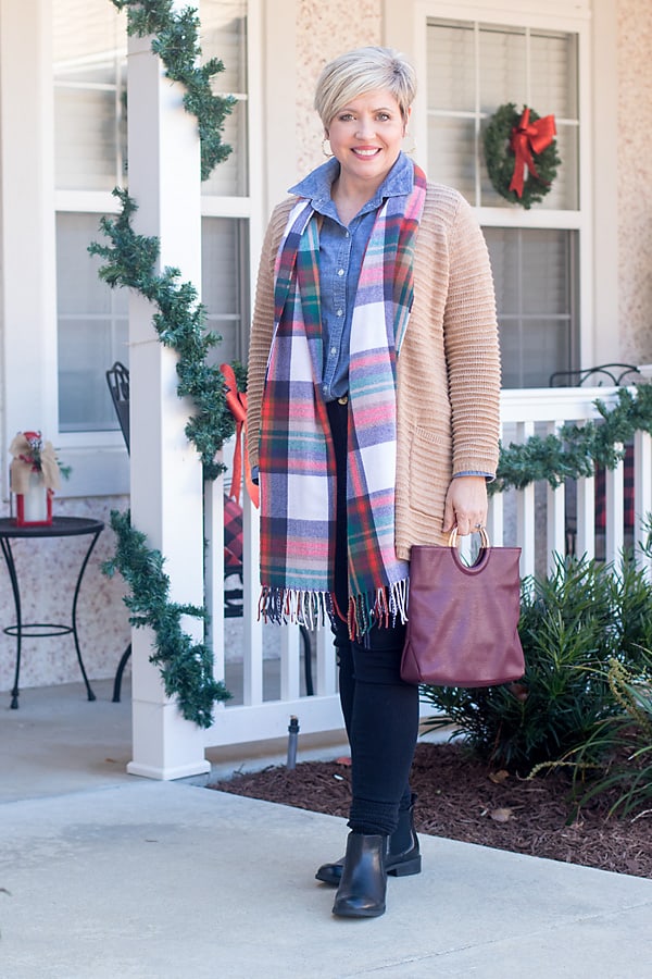 holiday day outfit with basic neutrals and plaid scarf