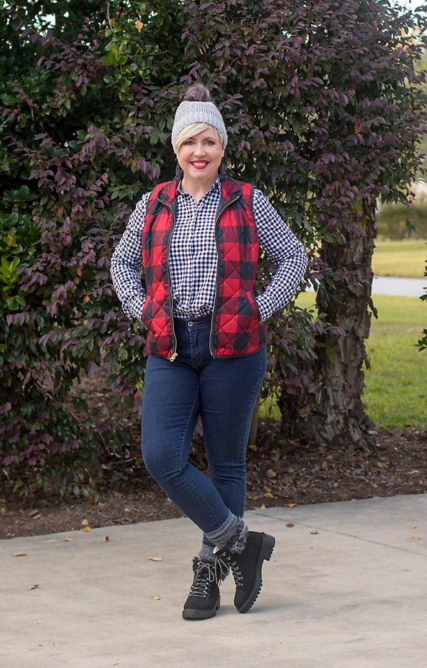 buffalo plaid vest with gingham shirt/ beanie outfit