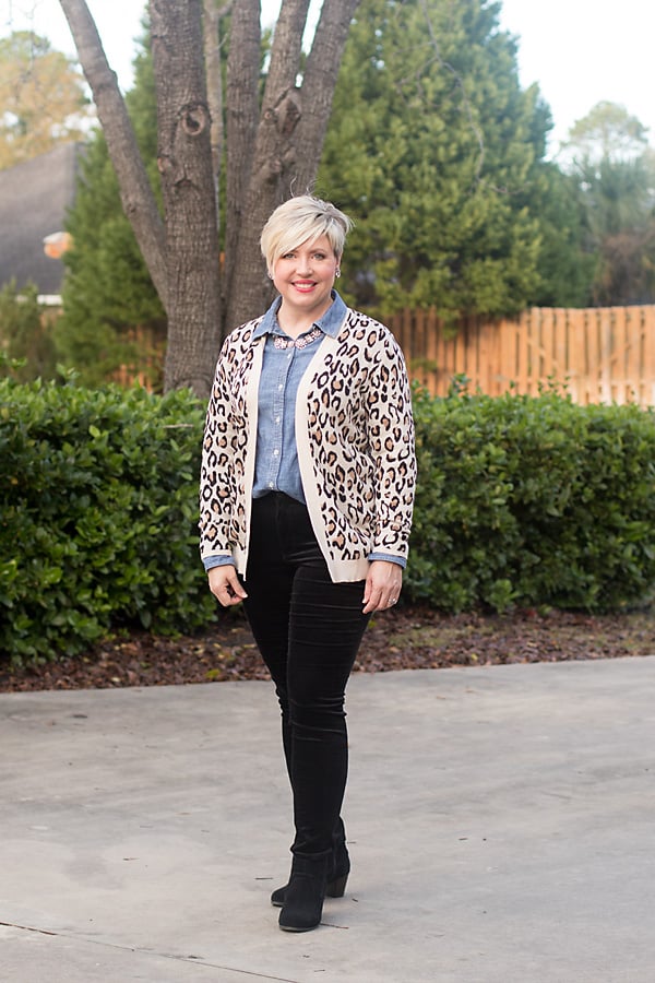 leopard cardigan with chambray and velvet