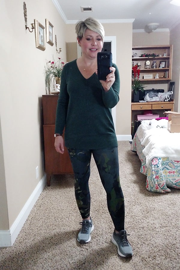 Old Navy tunic sweater and camo floral leggings