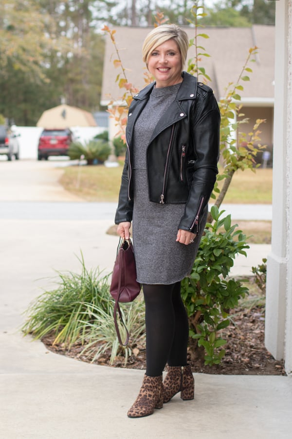 dress and moto jacket outfit