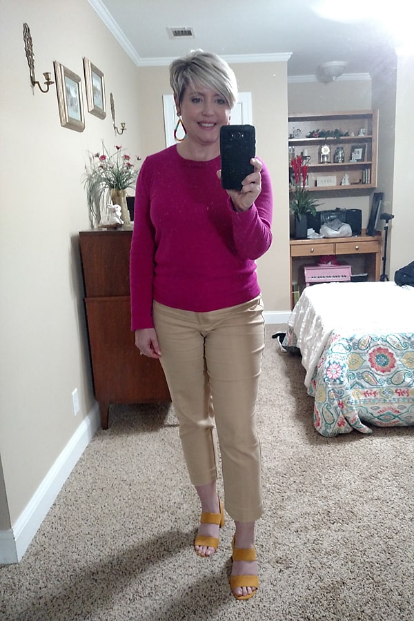 bright sweater with khaki pants spring outfit/ work from home outfit