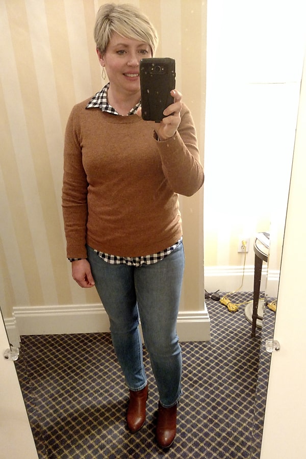camel sweater and gingham shirt
