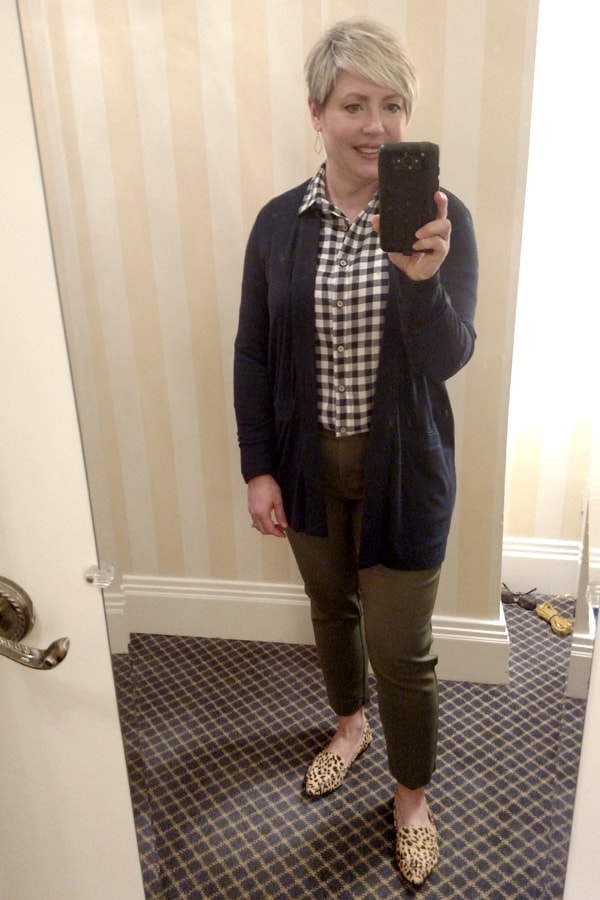 gingham shirt with olive pants