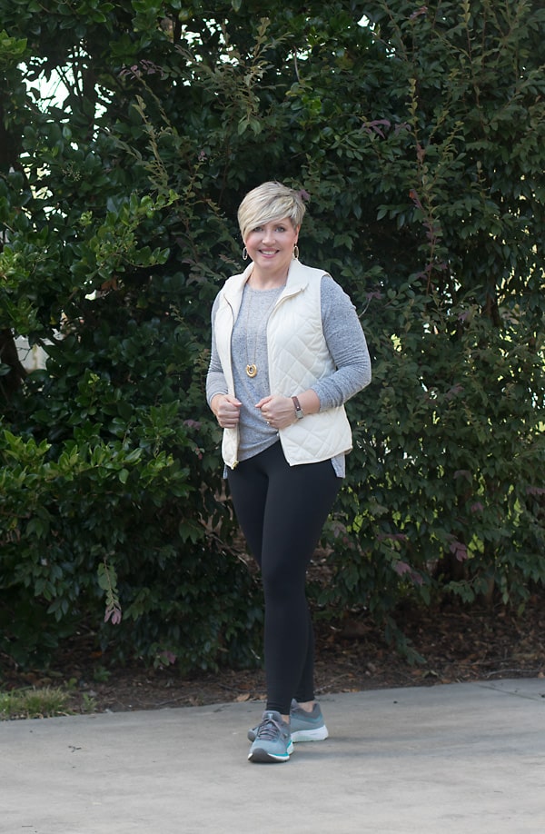 quilted vest with atheleisure outfit