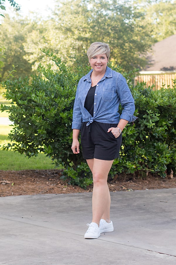 romper with chambray shirt and sneakers