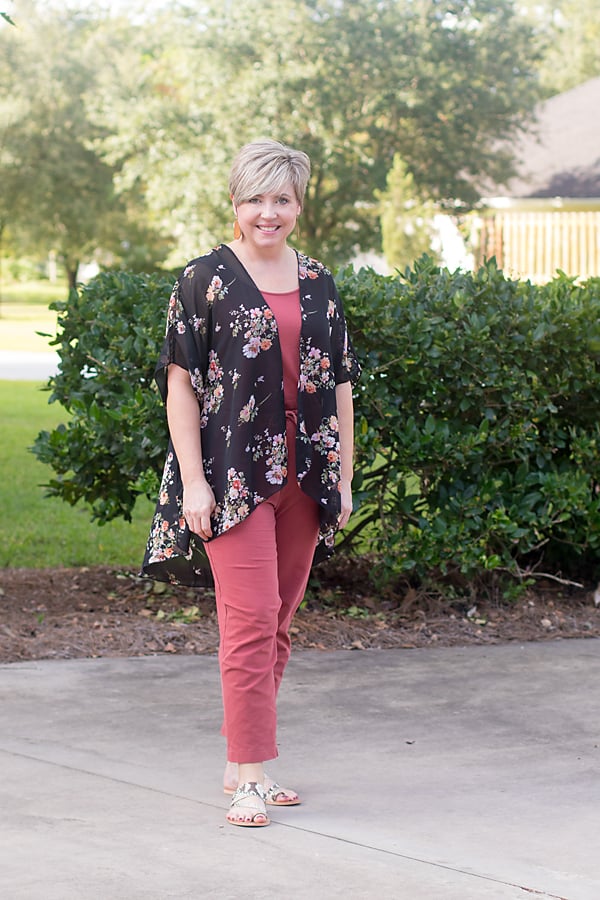 early fall outfit with rust jumpsuit and floral kimono