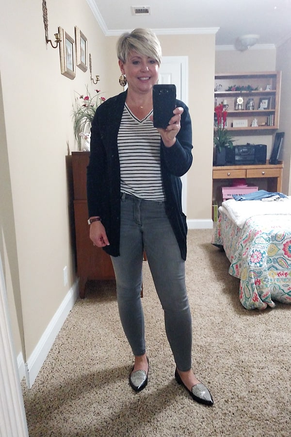 grey jeans with black cardigan and striped tee