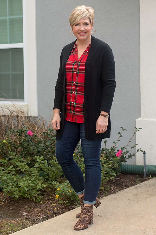 red plaid top holiday outfit idea