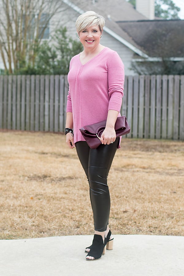 cute casual Valentine's Day outfit with tunic sweater and leggings