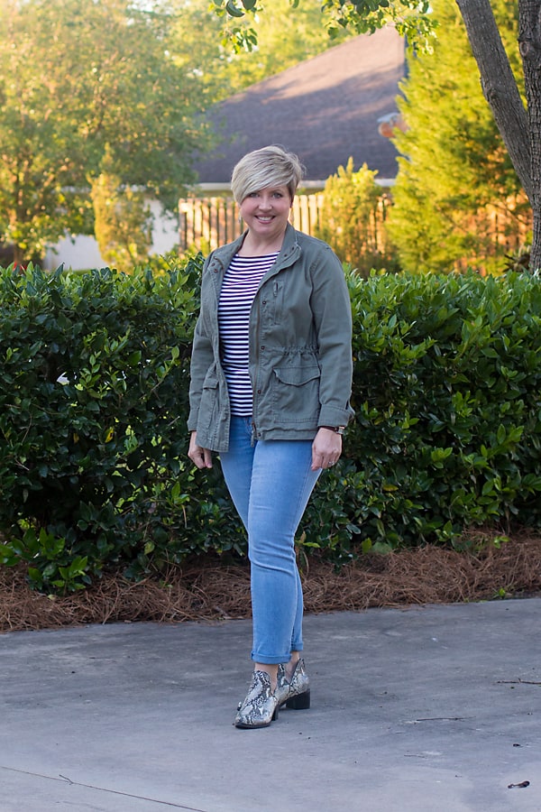 olive utility jacket outfit with striped tee