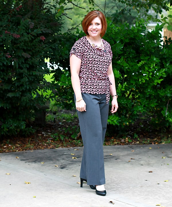 work wear with bird print top and grey pants