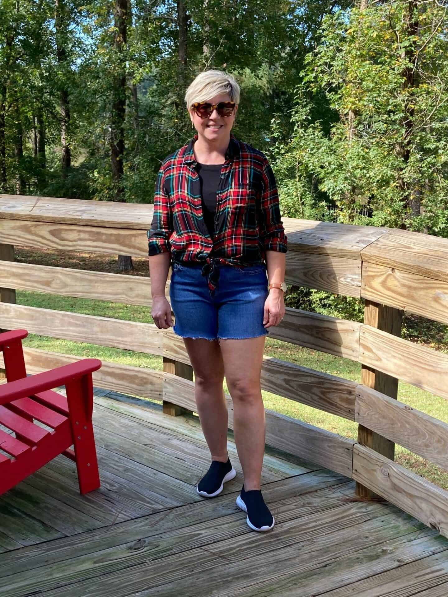 plaid shirt with shorts summer to fall transition outfit