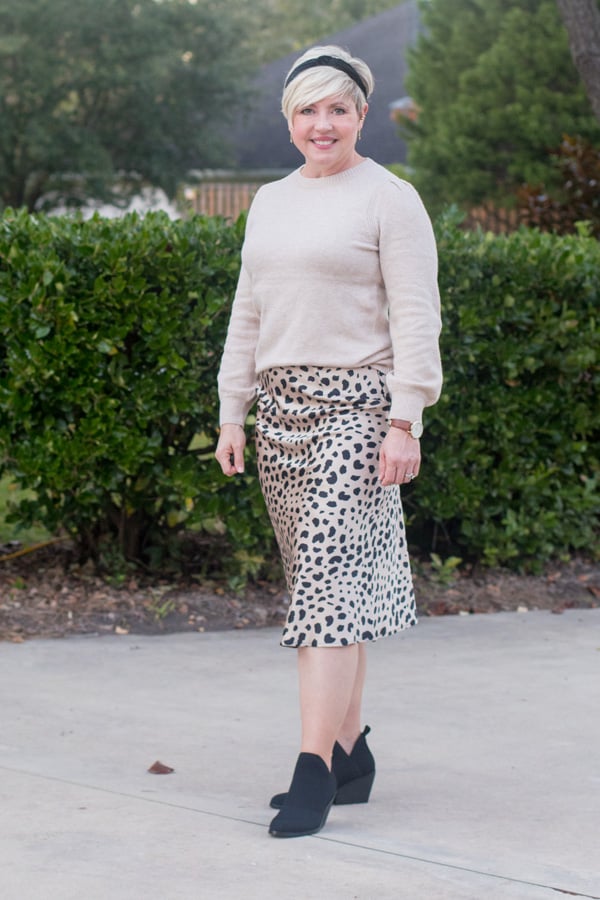 fall outfit with leopard slip skirt