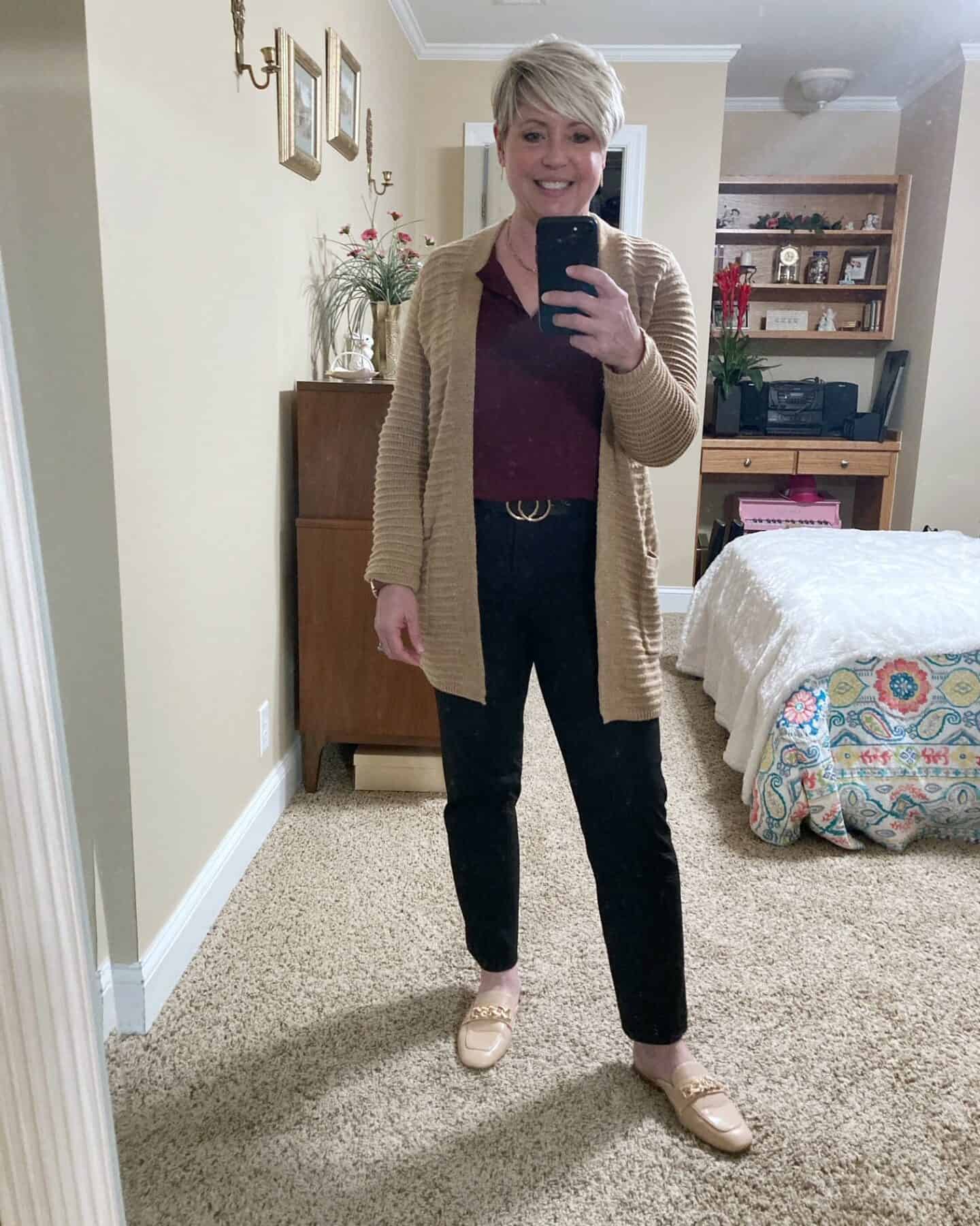 camel cardigan work outfit