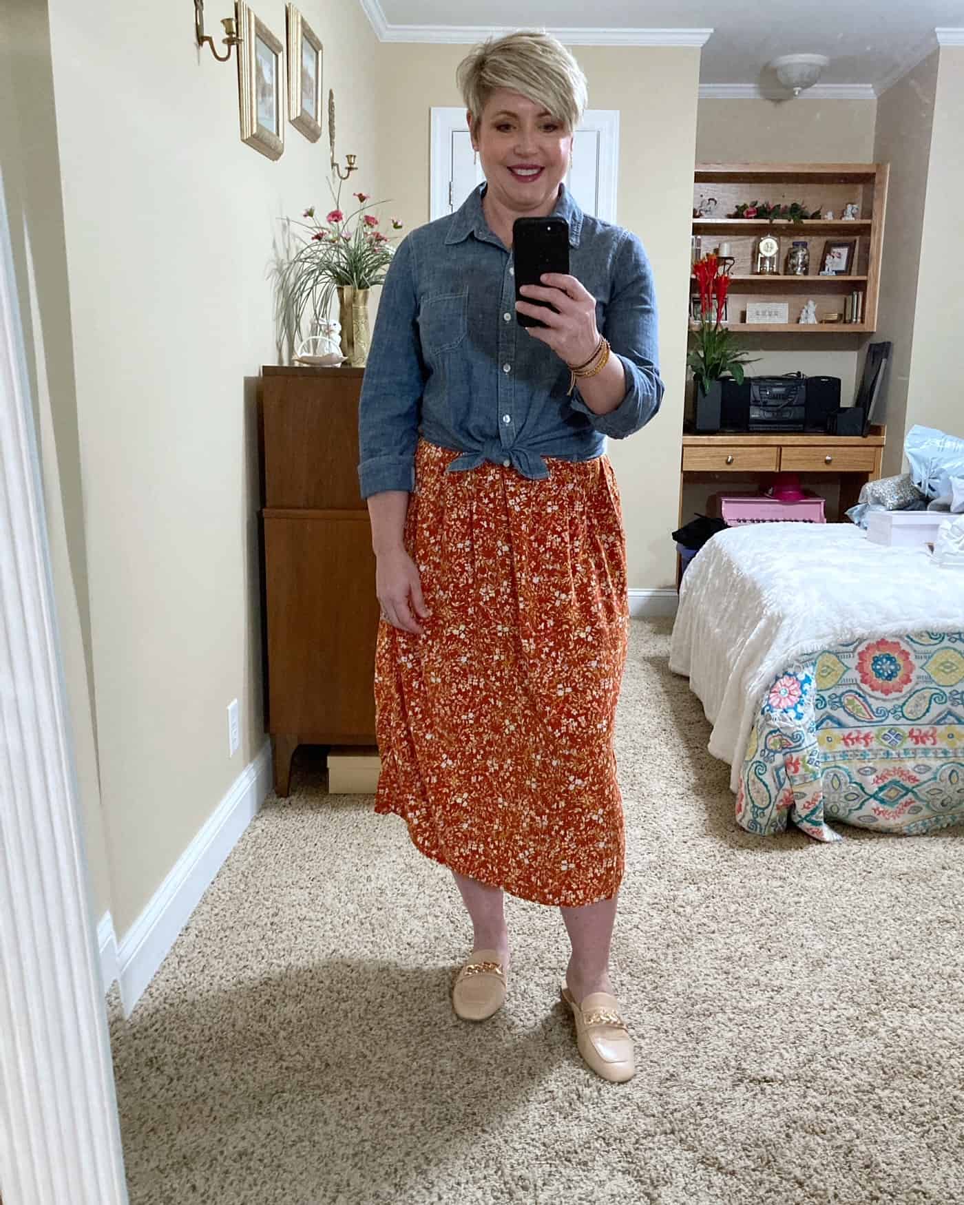 orange Old Navy midi skirt with blue chambray top