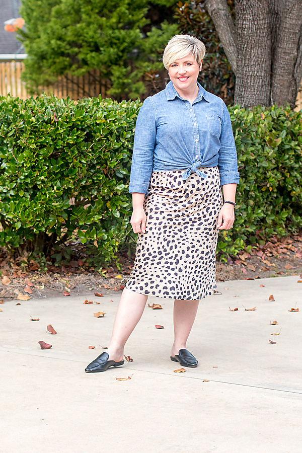 chambray shirt and skirt outfit