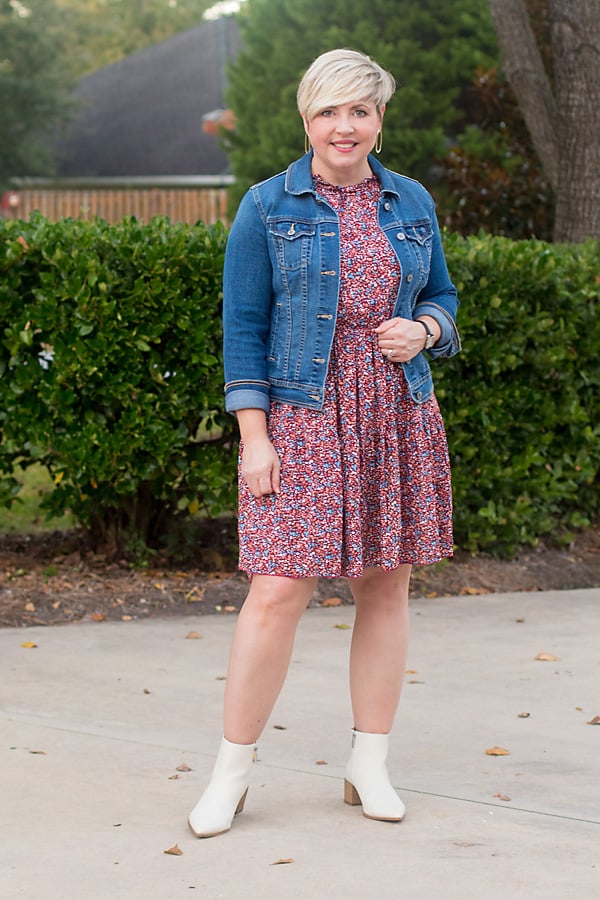 fall dress outfit with white ankle boots