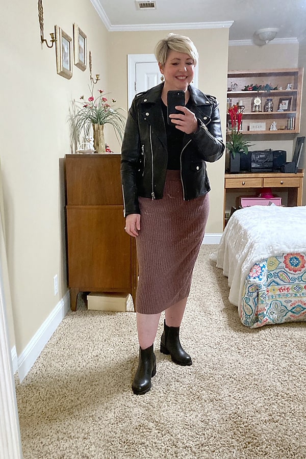 moto jacket with knit skirt and chelsea boots