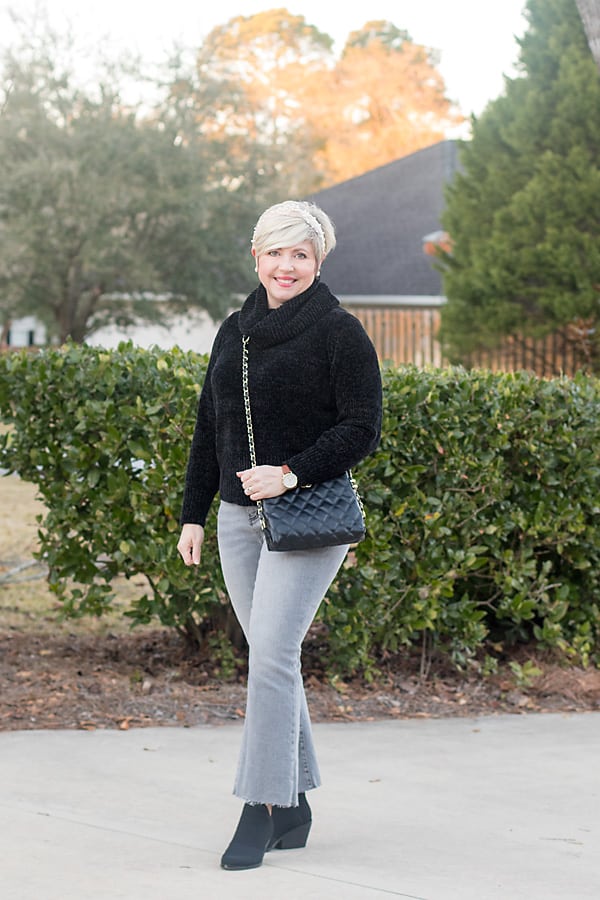 black sweater and grey jeans with pearl headband; pearlcore