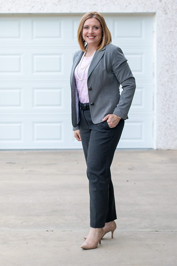 grey and pink office outfit