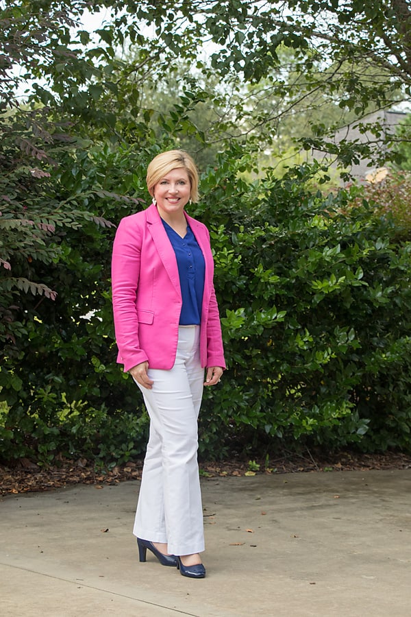 summer office outfit with white pants and hot pink blazer
