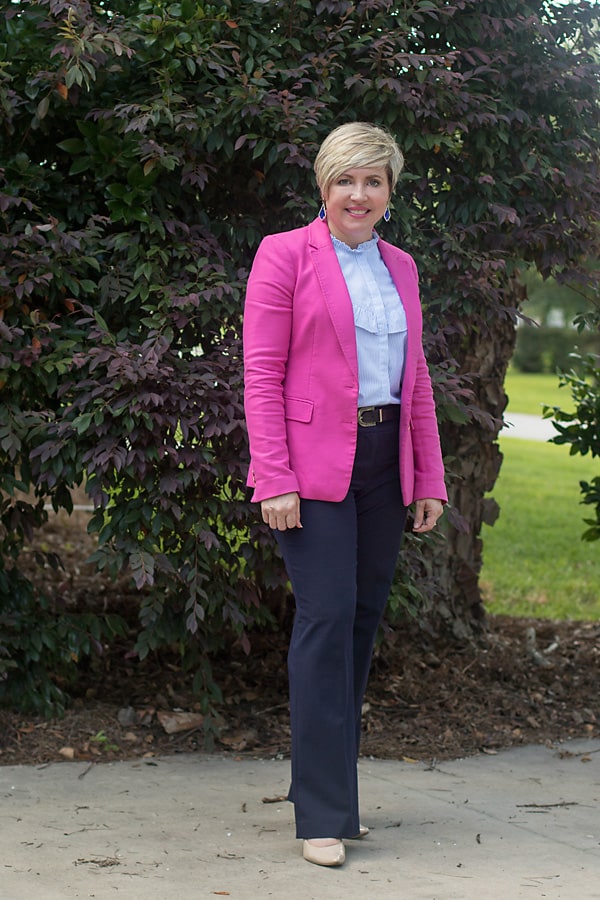 hot pink blazer outfit ideas with navy pants