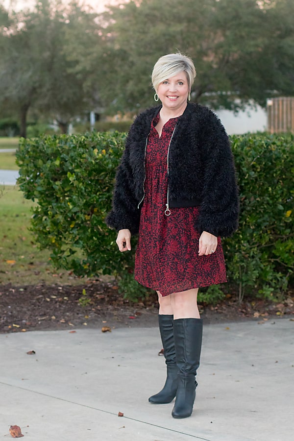 faux fur bomber over 40 outfit