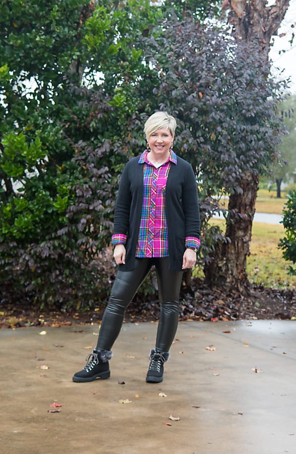 faux leather leggings with plaid shirt