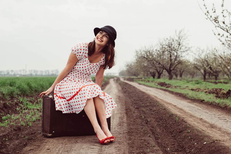 woman in vintage polka dot dress